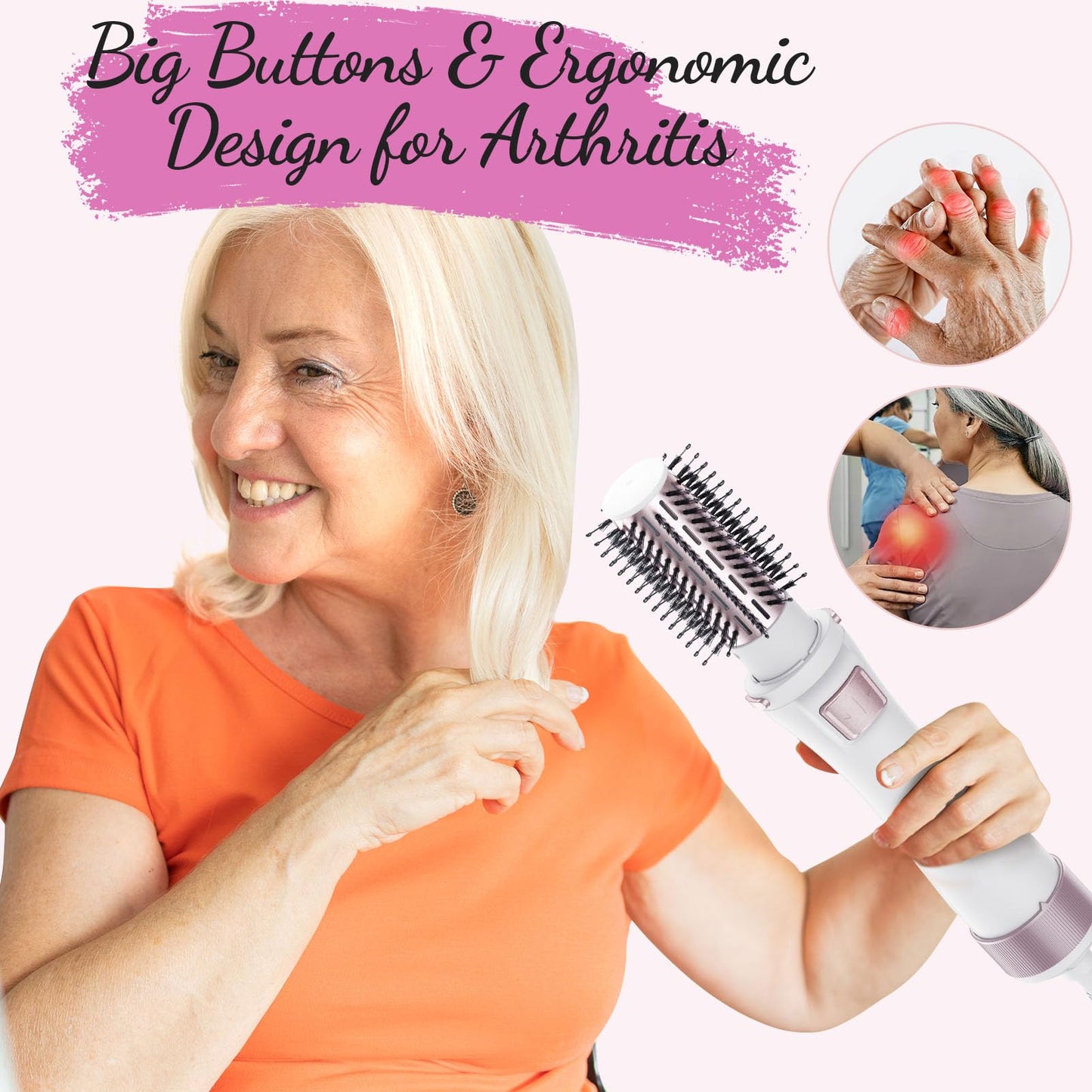 Rotating Hair Dryer Brush Spinning: 2 Size Detachable Brush(2" & 1.5") | 3 Heats & 2 Speeds Plus a Cool Air Setting | Big Buttons Design for Arthritis