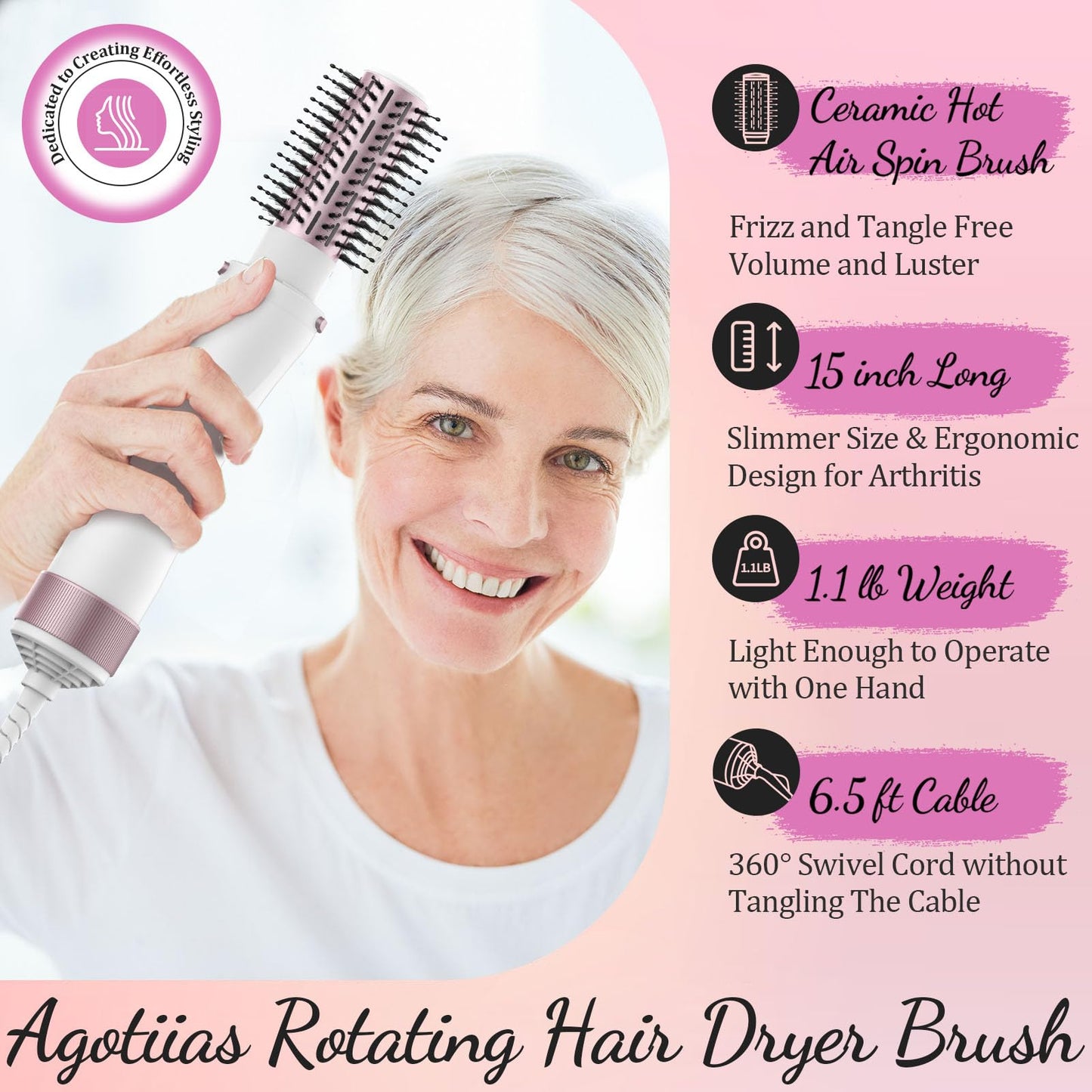 Rotating Hair Dryer Brush Spinning: 2 Size Detachable Brush(2" & 1.5") | 3 Heats & 2 Speeds Plus a Cool Air Setting | Big Buttons Design for Arthritis