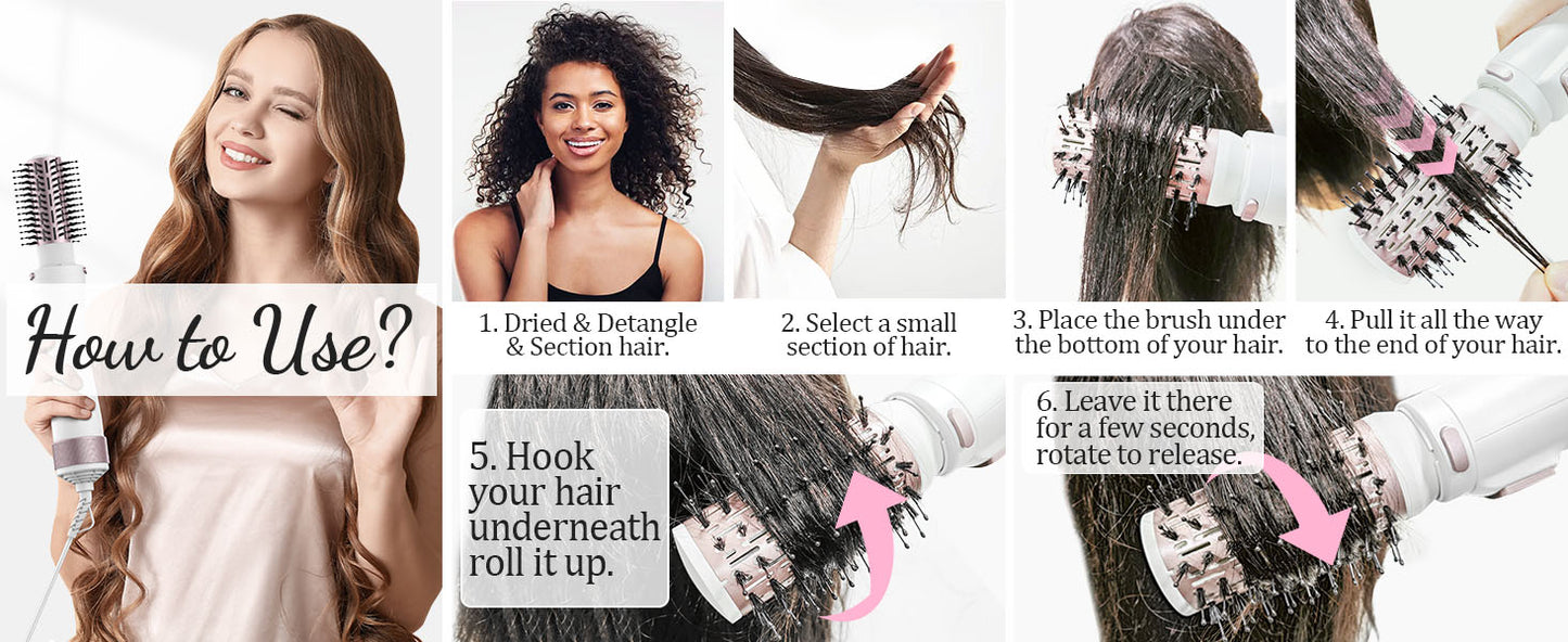 Rotating Hair Dryer Brush Spinning: 2 Size Detachable Brush(2" & 1.5") | 3 Heats & 2 Speeds Plus a Cool Air Setting | Big Buttons Design for Arthritis